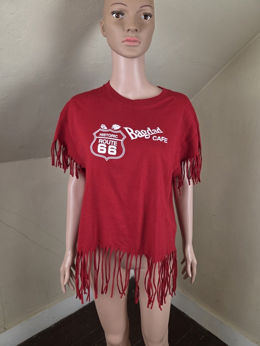 Route 66 Bagdad Cafe Red Fringe Graphic T-Shirt Size L Boho Festival Tee
